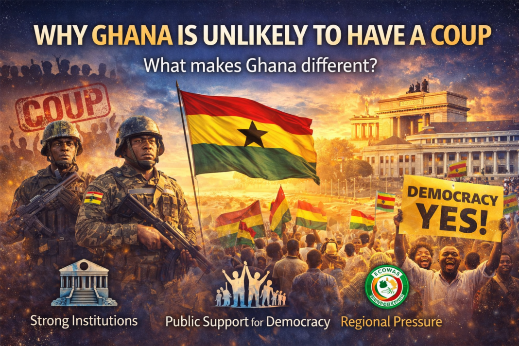 Could a coup happen in Ghana? Explore why strong institutions, public support for democracy, and regional pressure make a successful coup unlikely.